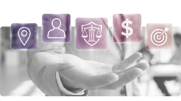 Five icons representing parameters important for ad campaigns
