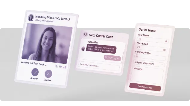 Three screens showing pre-intake information gathering through chat, video call, and contact form