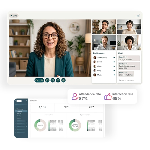 Screens showing a live webinar and webinar analytics