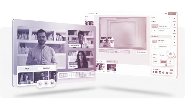 Two screens showing a front end and back end of a webinar