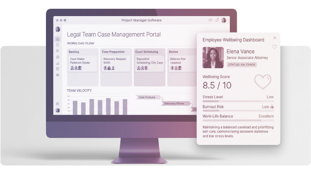 Screens with legal team portal and staff wellbeing score