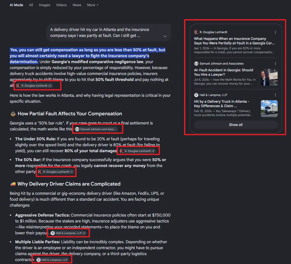 AI Mode search results example for a specific accident question