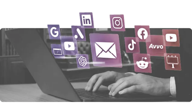 Claimant acquisition channels around a laptop, from search and social to legal directories
