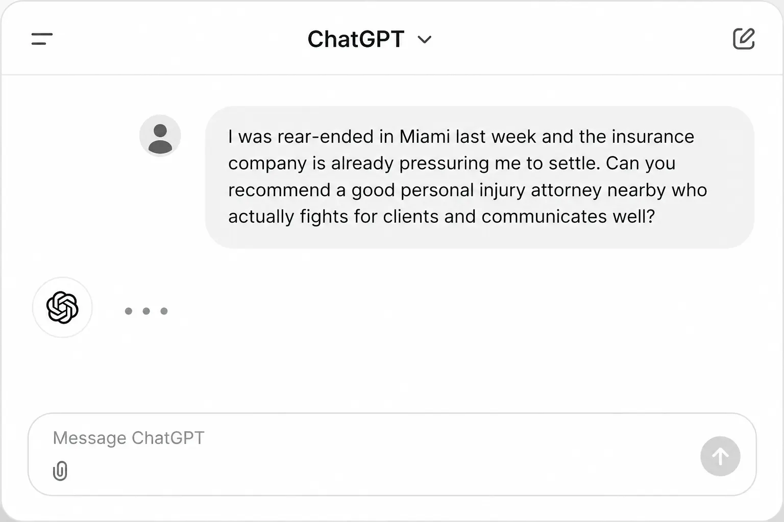 A real ChatGPT search showing a prospective client asking for a personal injury attorney in Miami