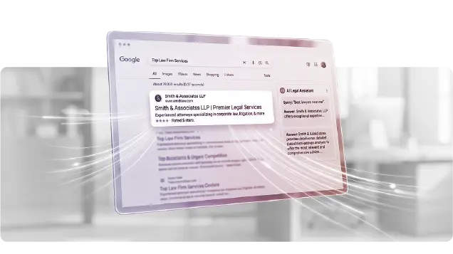 A law firm highlighted in a Google search result next to an AI assistant answer citing the same firm