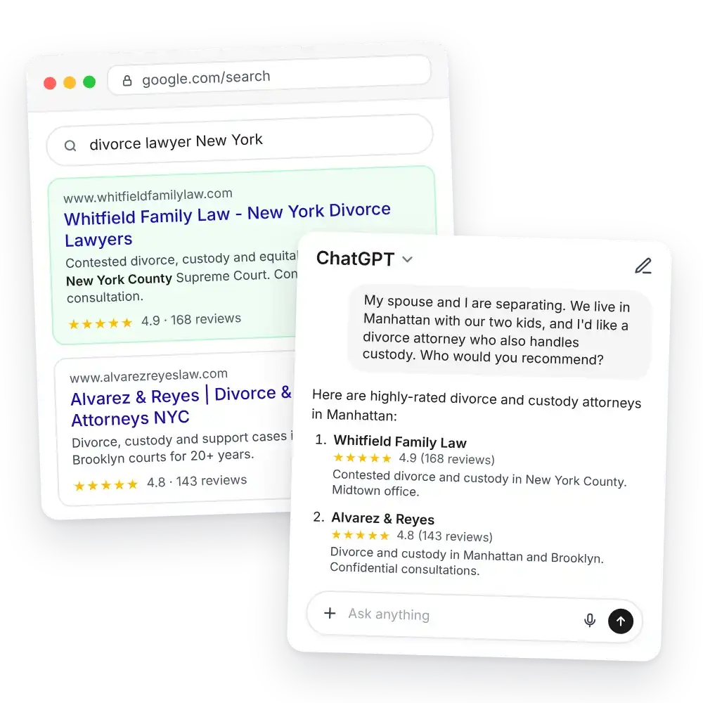 Google and ChatGPT results recommending a family law firm for a divorce in New York