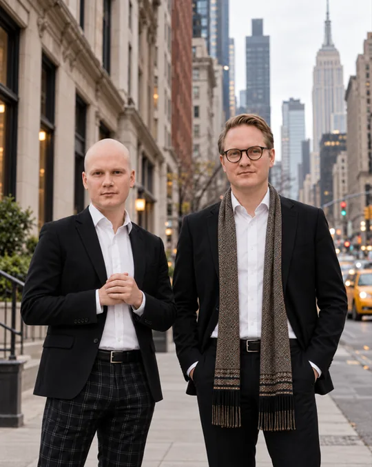 Piotr Szalkiewicz and Matt Sarson, the founders of Pioneerly, on Fifth Avenue in Manhattan with the Empire State Building behind them
